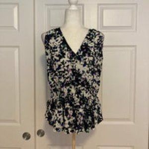 Banana Republic Black Blue Floral V-Neck Sleeveless Tiered Peplum Top